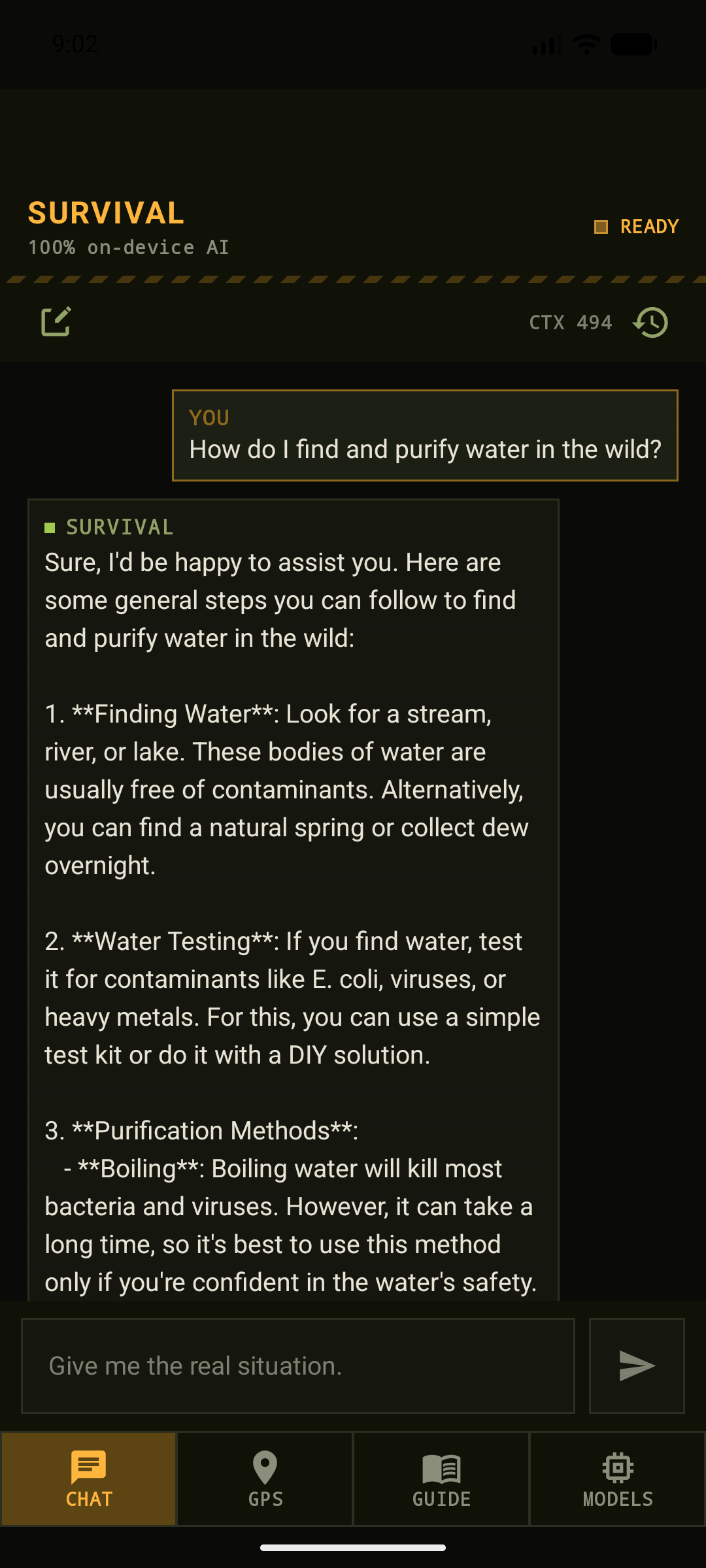 Offline AI answering a survival question